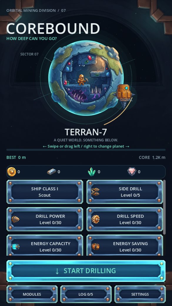 Ship hub on planet Terran-7 with upgrade lines and the Start Drilling button