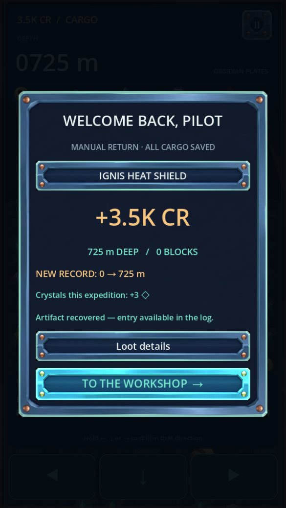 Expedition summary with credits earned and a new depth record