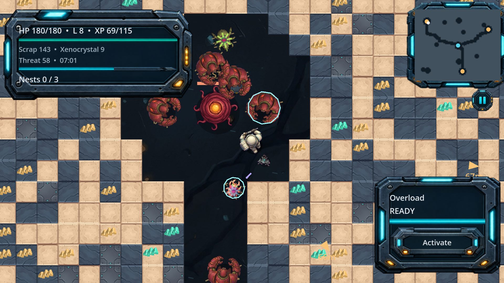 Exo-suit operator fighting alien bugs next to a nest in the mine, with the minimap and Overload ability