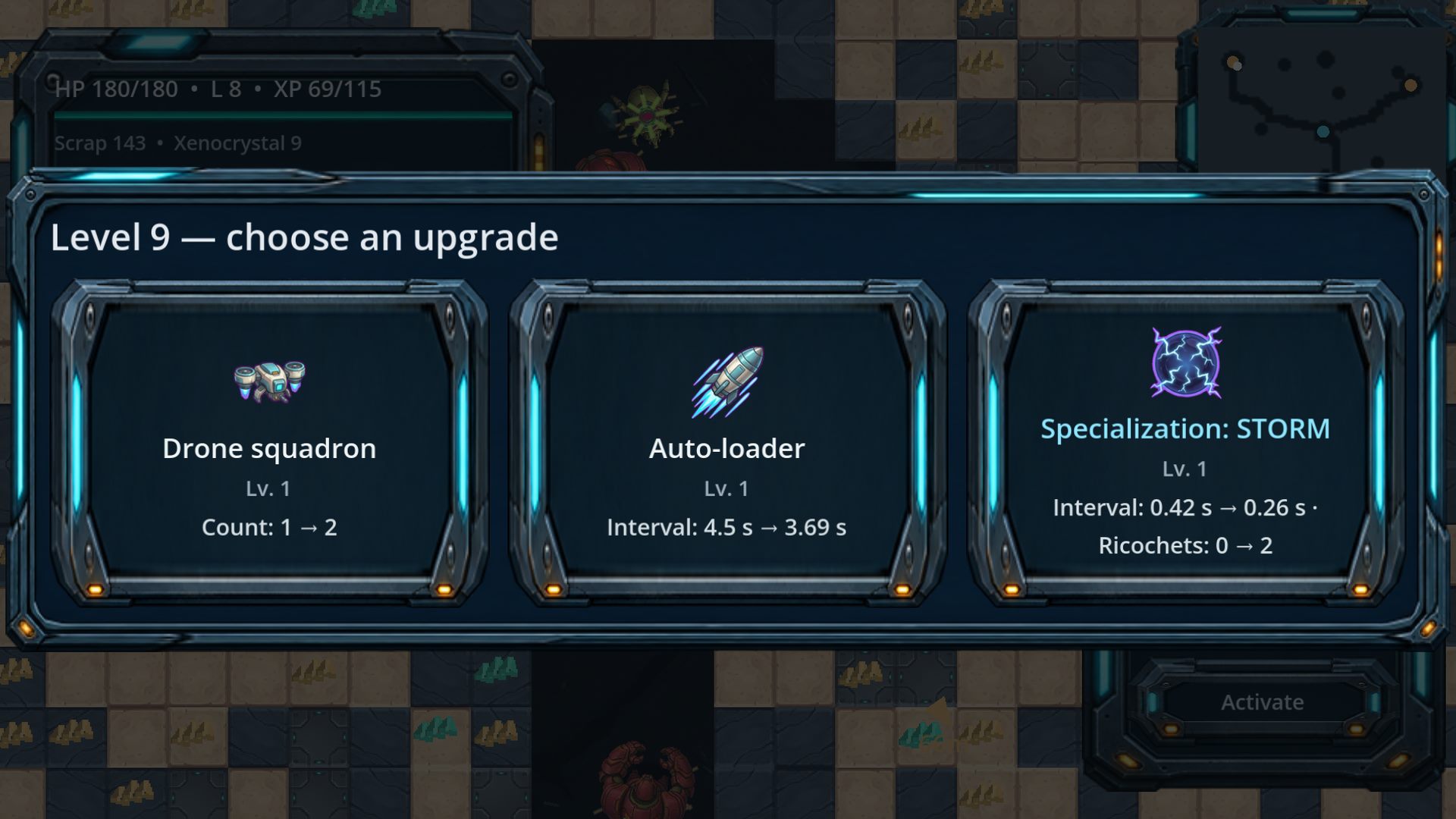 Level-up screen offering three upgrade cards: drone squadron, auto-loader and the Storm specialization