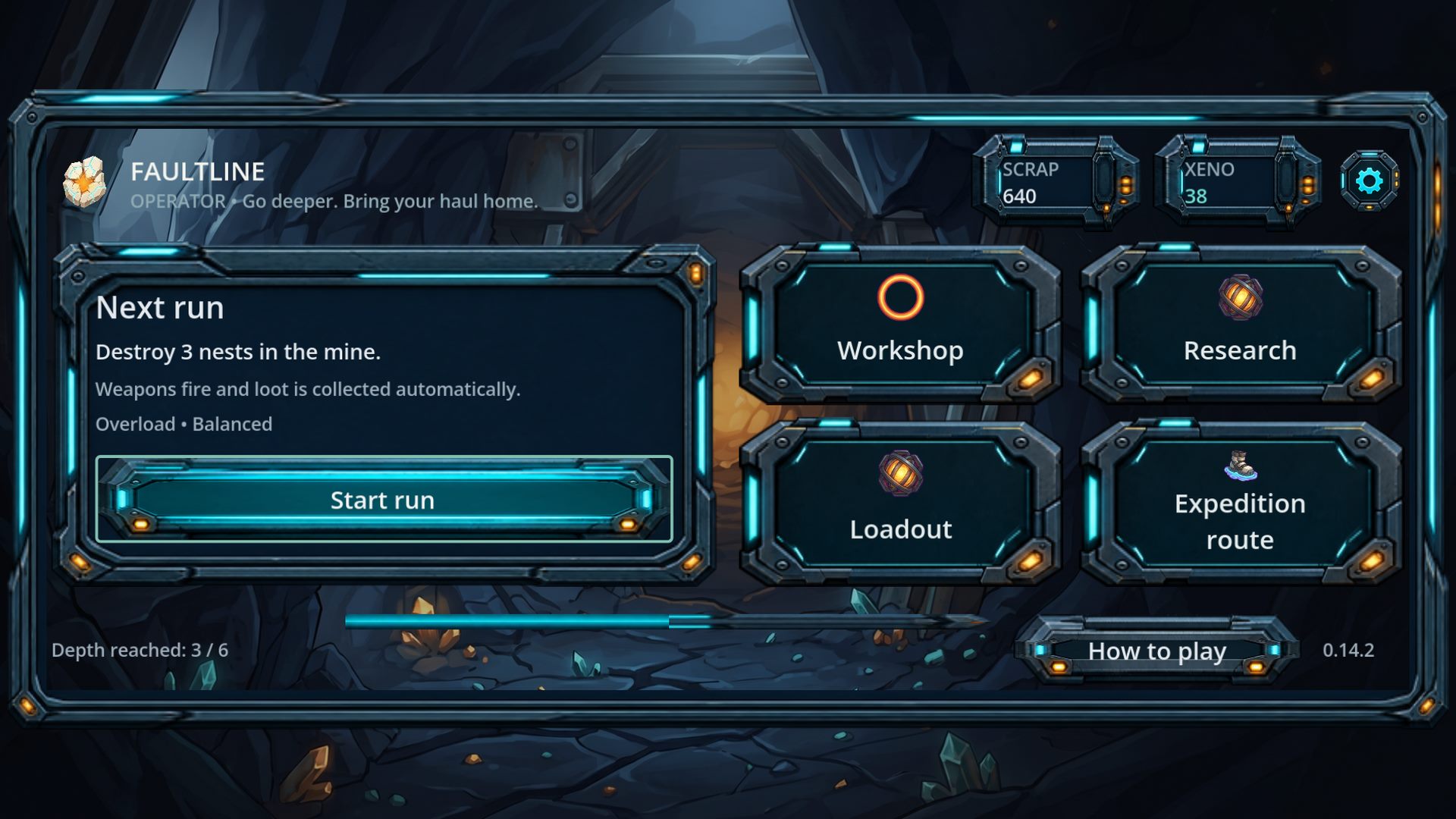 Main menu with the next mission and buttons for the workshop, research, loadout and expedition route