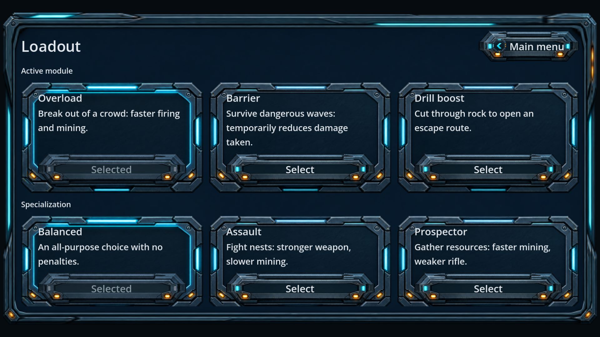 Loadout screen: choosing an active module and a specialization