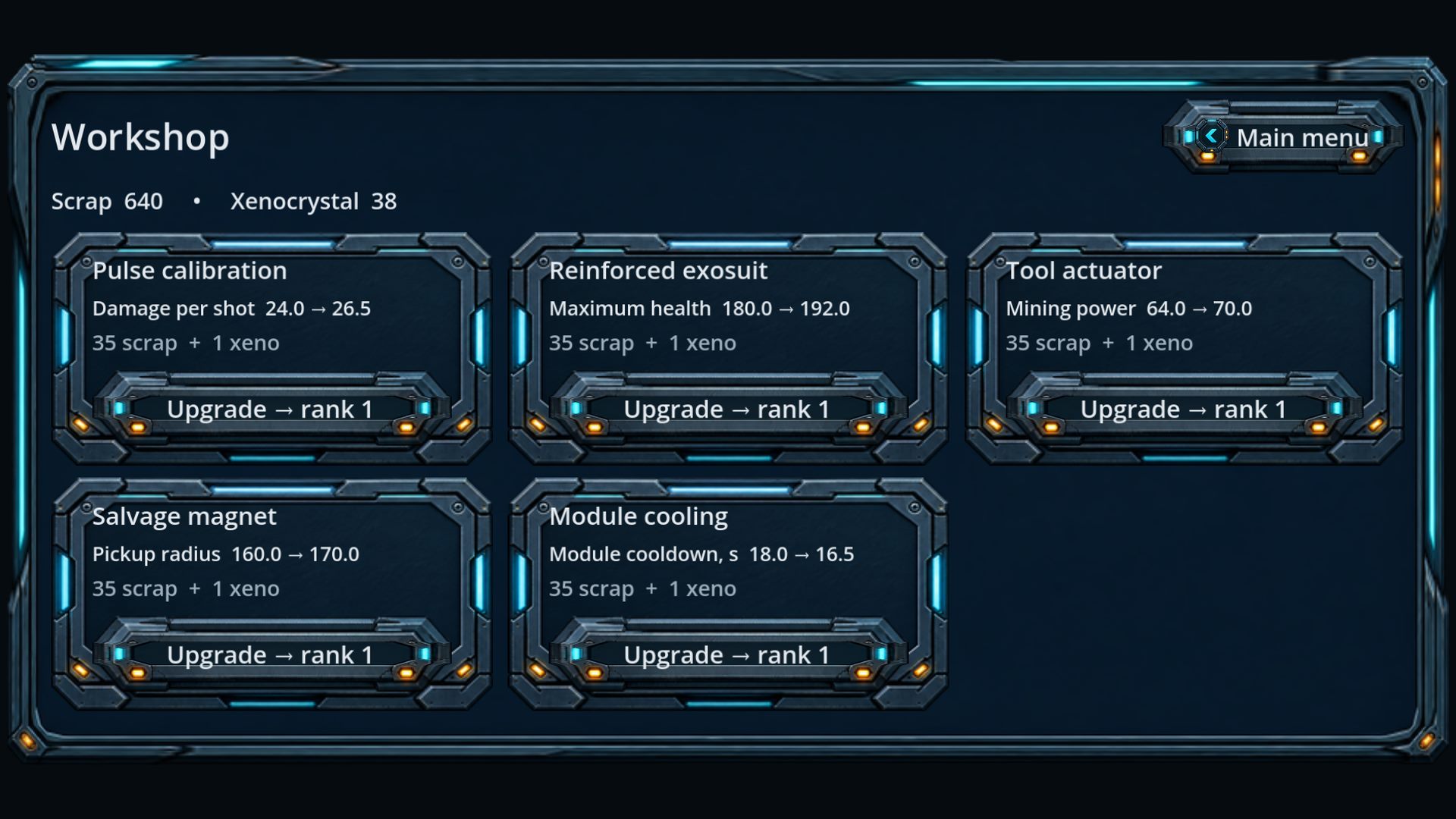 Workshop with permanent upgrades for damage, health, mining power, pickup radius and module cooldown